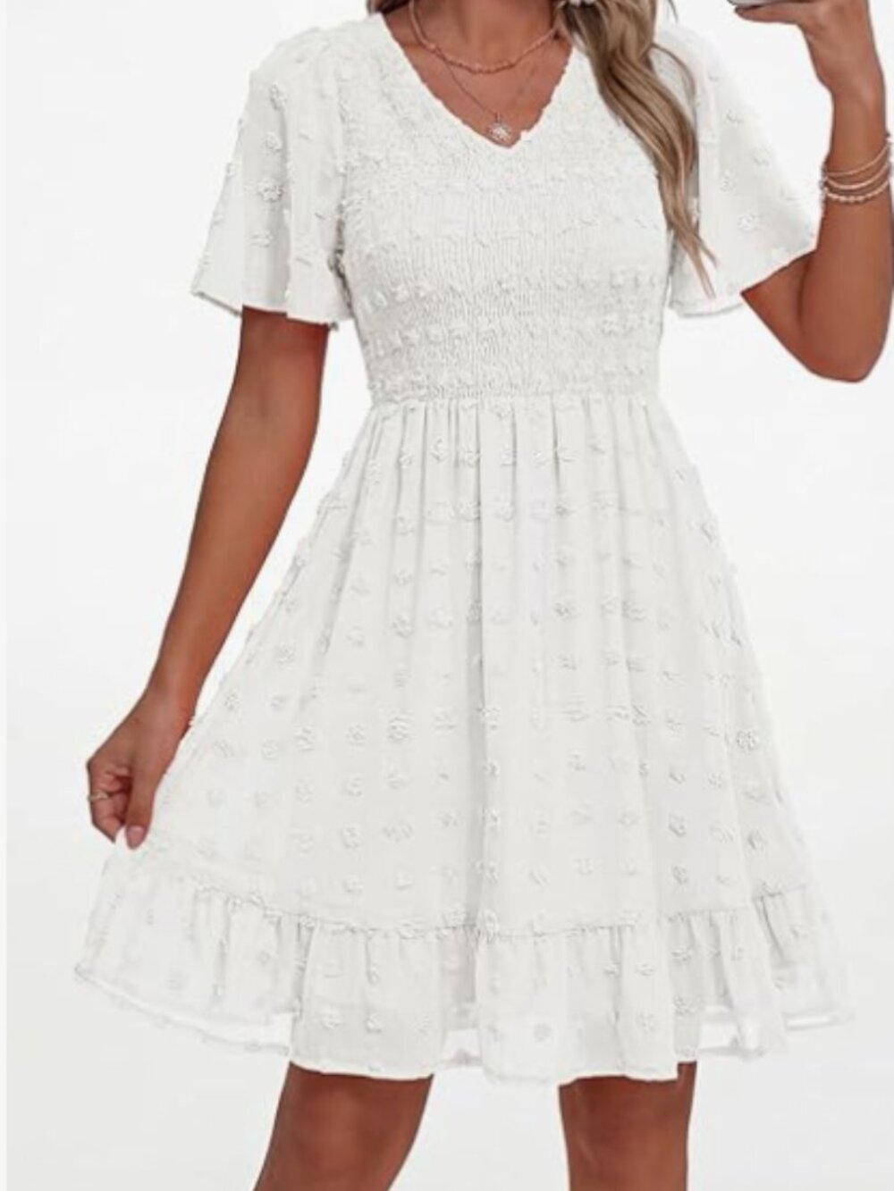 NWT Womens White Smocked Mini Dress Summer Vacation (M) - Picture 2 of 5